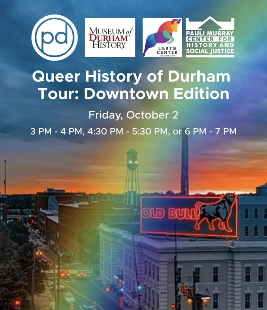 view of downtown durham with text overlay